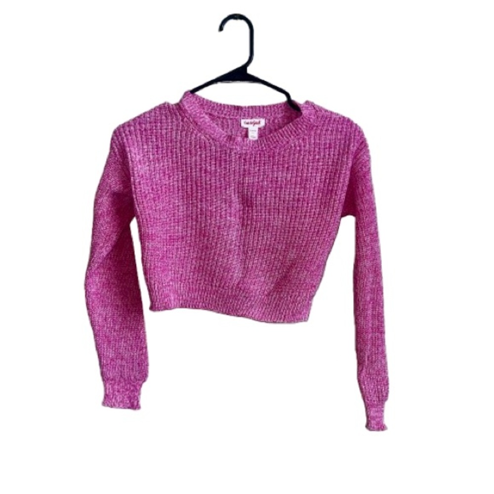 Cat & Jack Girls Small 6/7 Hot Pink Pullover Cropped Knit Long Sleeved Sweater